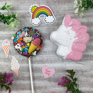 £5.00 Special Offer! Unicorn Bath Bomb and Chocolate Lollipop