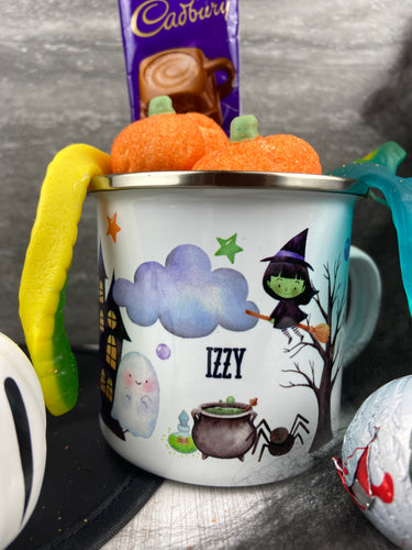 Personalised Haunted House Halloween Enamel Mug-The Persnickety Co