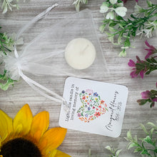 Load image into Gallery viewer, Personalised Funeral Tealight Candle in Organza Bag - Wildflower heart
