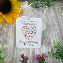 Load image into Gallery viewer, Personalised Funeral Tealight Candle in Organza Bag - Wildflower heart
