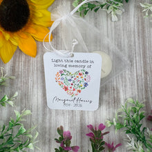 Load image into Gallery viewer, Personalised Funeral Tealight Candle in Organza Bag - Wildflower heart
