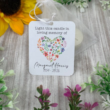Load image into Gallery viewer, Personalised Funeral Tealight Candle in Organza Bag - Wildflower heart
