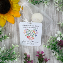 Load image into Gallery viewer, Personalised Funeral Tealight Candle in Organza Bag - Wildflower heart
