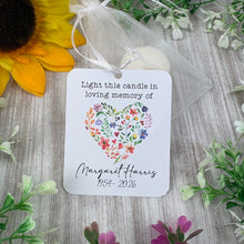Load image into Gallery viewer, Personalised Funeral Tealight Candle in Organza Bag - Wildflower heart

