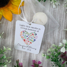 Load image into Gallery viewer, Personalised Funeral Tealight Candle in Organza Bag - Wildflower heart
