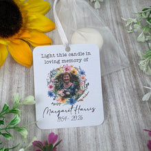Load image into Gallery viewer, Personalised Photo Memorial Tealight with flower wreath
