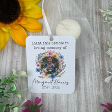 Load image into Gallery viewer, Personalised Photo Memorial Tealight with flower wreath

