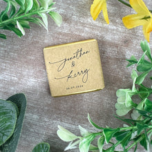 Load image into Gallery viewer, Personalised Wedding Chocolate Favours, Kraft Style Wrapped Milk Chocolates
