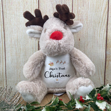 Load image into Gallery viewer, Personalised Baby’s First Christmas Plush or Keyring – Name &amp; Year – Santa Sleigh Reindeer Design
