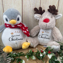 Load image into Gallery viewer, Personalised Baby’s First Christmas Plush or Keyring – Name &amp; Year – Santa Sleigh Reindeer Design
