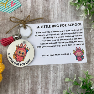 Back to School Pocket Hug Keyring  - Pink Monster