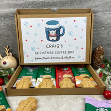 Load image into Gallery viewer, Personalised Christmas Coffee Letterbox Gift – Starbucks Coffee Sachets &amp; Gingerbread Men Biscuits
