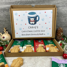 Load image into Gallery viewer, Personalised Christmas Coffee Letterbox Gift – Starbucks Coffee Sachets &amp; Gingerbread Men Biscuits
