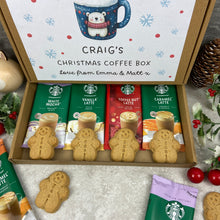Load image into Gallery viewer, Personalised Christmas Coffee Letterbox Gift – Starbucks Coffee Sachets &amp; Gingerbread Men Biscuits
