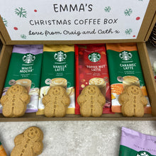 Load image into Gallery viewer, Personalised Christmas Coffee Gift Box – Starbucks Coffee Sachets &amp; Gingerbread Men Biscuits
