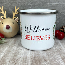 Load image into Gallery viewer, Personalised Festive Friends 'Believe' Enamel Mug
