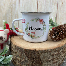 Load image into Gallery viewer, Personalised Snow Boy Wreath Enamel Mug-The Persnickety Co
