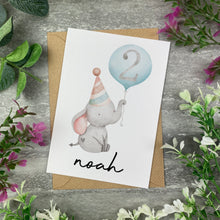 Load image into Gallery viewer, Elephant With Blue Balloon Personalised Birthday Card
