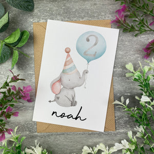 Elephant With Blue Balloon Personalised Birthday Card