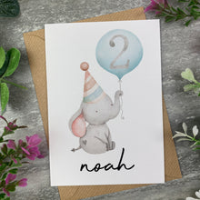 Load image into Gallery viewer, Elephant With Blue Balloon Personalised Birthday Card-The Persnickety Co
