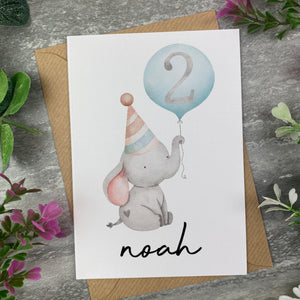 Elephant With Blue Balloon Personalised Birthday Card-The Persnickety Co