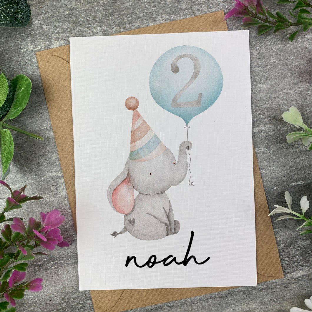 Elephant With Blue Balloon Personalised Birthday Card-The Persnickety Co