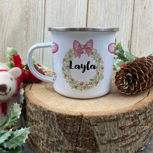 Personalised Snow Girl Wreath Enamel Mug-The Persnickety Co