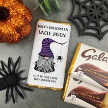 Load image into Gallery viewer, Purple Hat Gnome Happy Halloween - Personalised Chocolate Bar-The Persnickety Co
