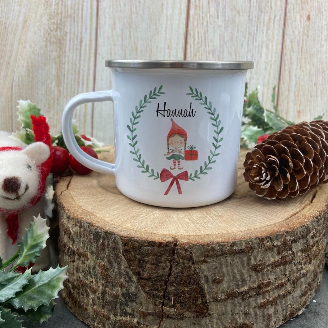 Personalised Elf Girl In A Wreath Enamel Mug-The Persnickety Co