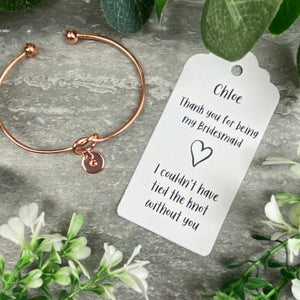 Bridesmaid Knot Bangle With Initial Charm, Rose Gold-5-The Persnickety Co