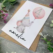 Load image into Gallery viewer, Elephant With Pink Balloon Personalised Birthday Card
