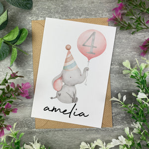 Elephant With Pink Balloon Personalised Birthday Card