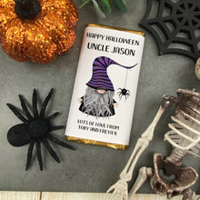 Load image into Gallery viewer, Purple Hat Gnome Happy Halloween - Personalised Chocolate Bar
