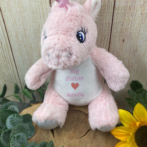 Personalised 'Big Sister' Pink Unicorn Soft Toy