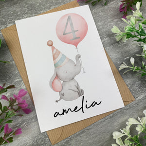 Elephant With Pink Balloon Personalised Birthday Card