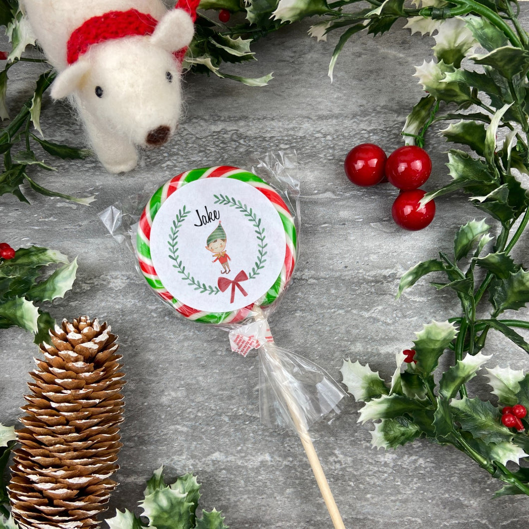 Personalised Elf Boy In A Wreath Lollipop-The Persnickety Co