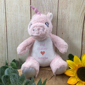 Personalised 'Big Sister' Pink Unicorn Soft Toy