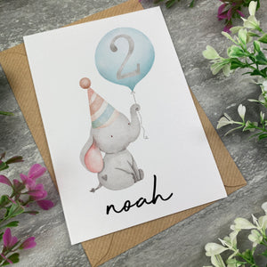 Elephant With Blue Balloon Personalised Birthday Card