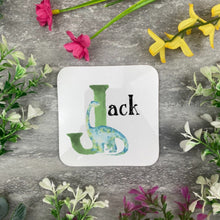 Load image into Gallery viewer, Personalised Dinosaur Initial Enamel Mug, Placemat and Coaster
