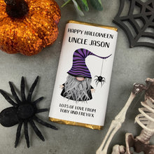 Load image into Gallery viewer, Purple Hat Gnome Happy Halloween - Personalised Chocolate Bar
