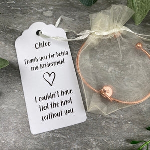 Bridesmaid Knot Bangle With Initial Charm, Rose Gold-6-The Persnickety Co