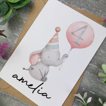 Load image into Gallery viewer, Elephant With Pink Balloon Personalised Birthday Card
