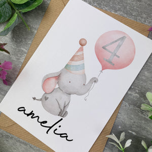 Elephant With Pink Balloon Personalised Birthday Card